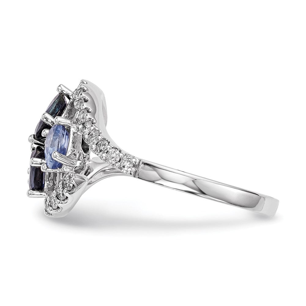 14k White Gold Real Diamond and Dark/Light Blue Sapphire Polished Ring