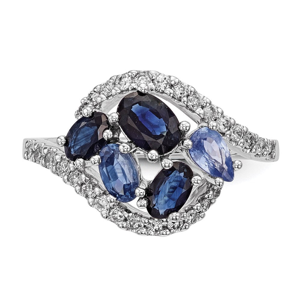 14k White Gold Real Diamond and Dark/Light Blue Sapphire Polished Ring