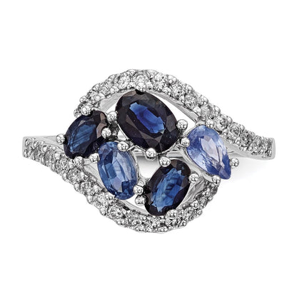 14k White Gold Real Diamond and Dark/Light Blue Sapphire Polished Ring