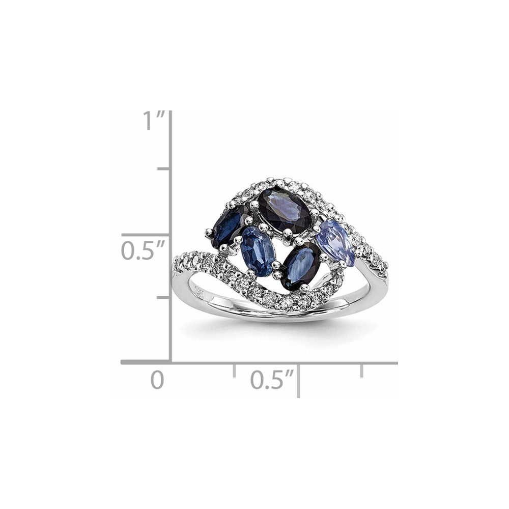 14k White Gold Real Diamond and Dark/Light Blue Sapphire Polished Ring
