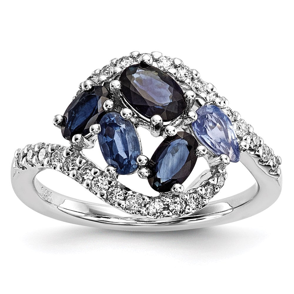 14k White Gold Real Diamond and Dark/Light Blue Sapphire Polished Ring
