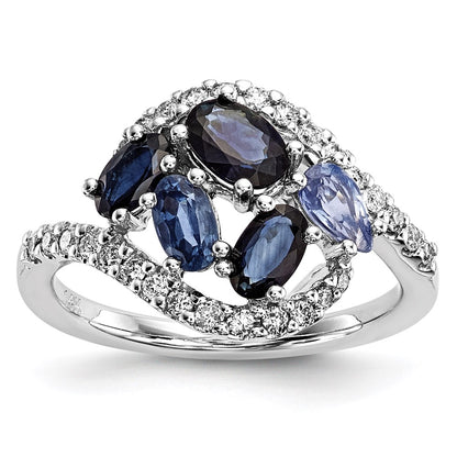 14k White Gold Real Diamond and Dark/Light Blue Sapphire Polished Ring
