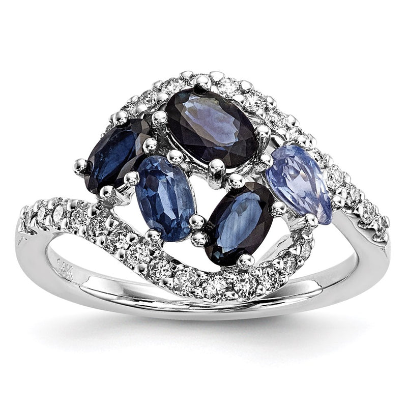 14k White Gold Real Diamond and Dark/Light Blue Sapphire Polished Ring