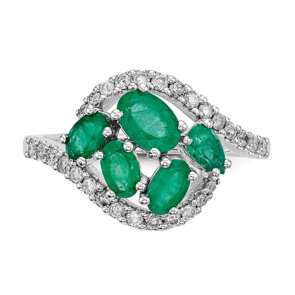 14k White Gold Real Diamond and Emerald Polished Ring