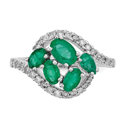 14k White Gold Real Diamond and Emerald Polished Ring