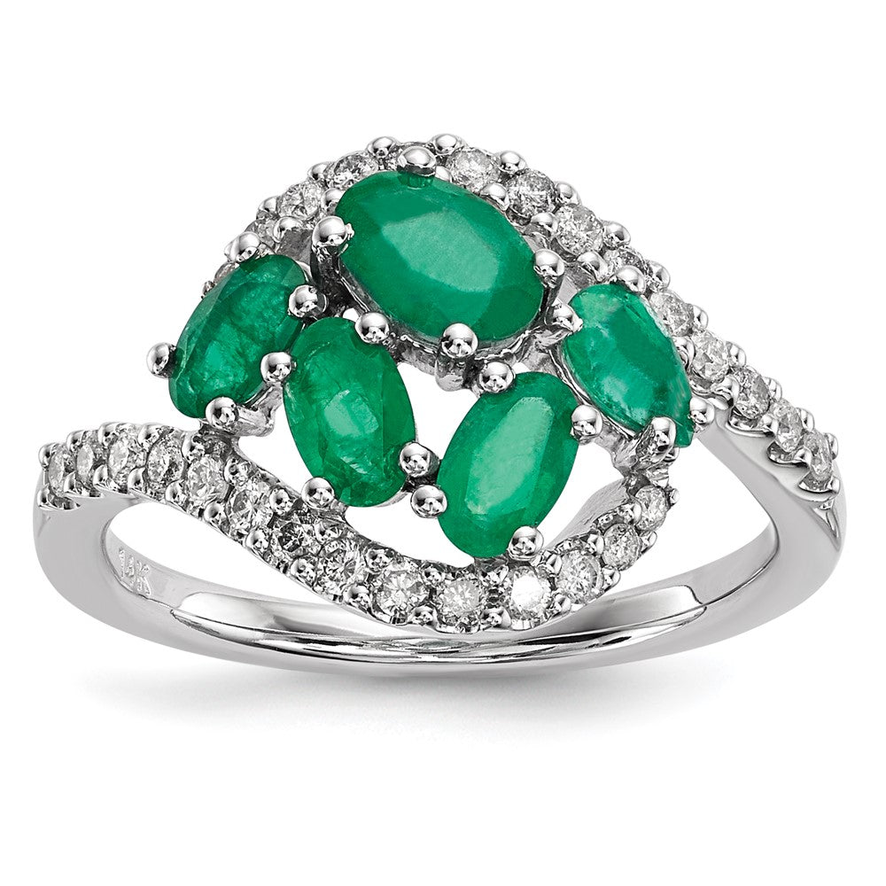 14k White Gold Real Diamond and Emerald Polished Ring