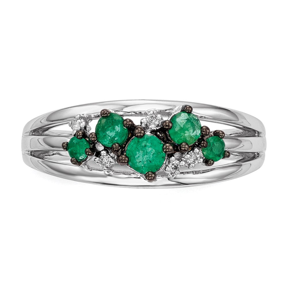 14k White Gold Real Diamond and Emerald Polished Ring