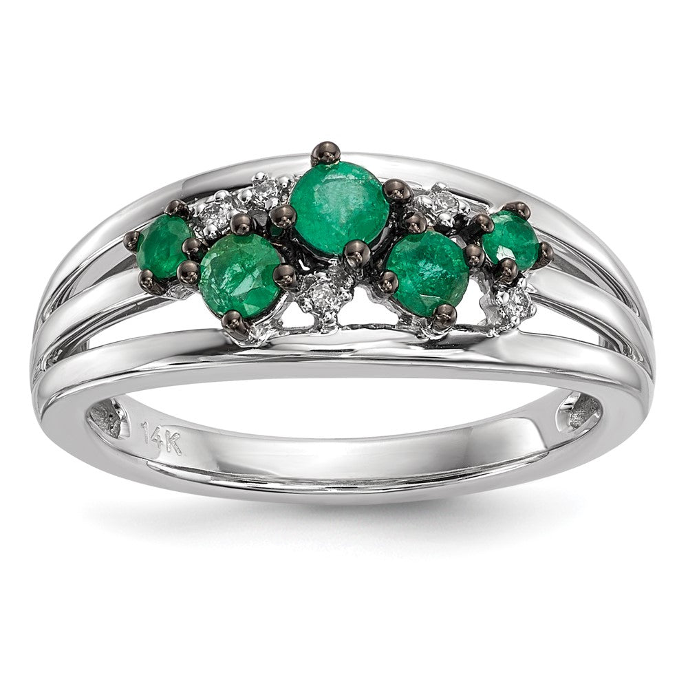 14k White Gold Real Diamond and Emerald Polished Ring