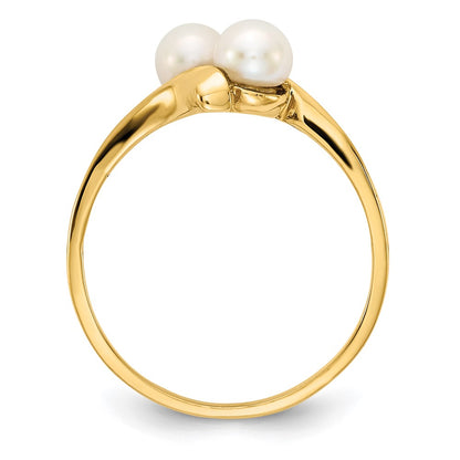 14K Yellow Gold 4-5mm White Button Freshwater Cultured 2 Pearl Ring