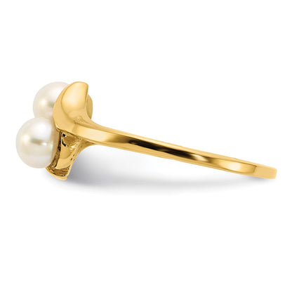 14K Yellow Gold 4-5mm White Button Freshwater Cultured 2 Pearl Ring
