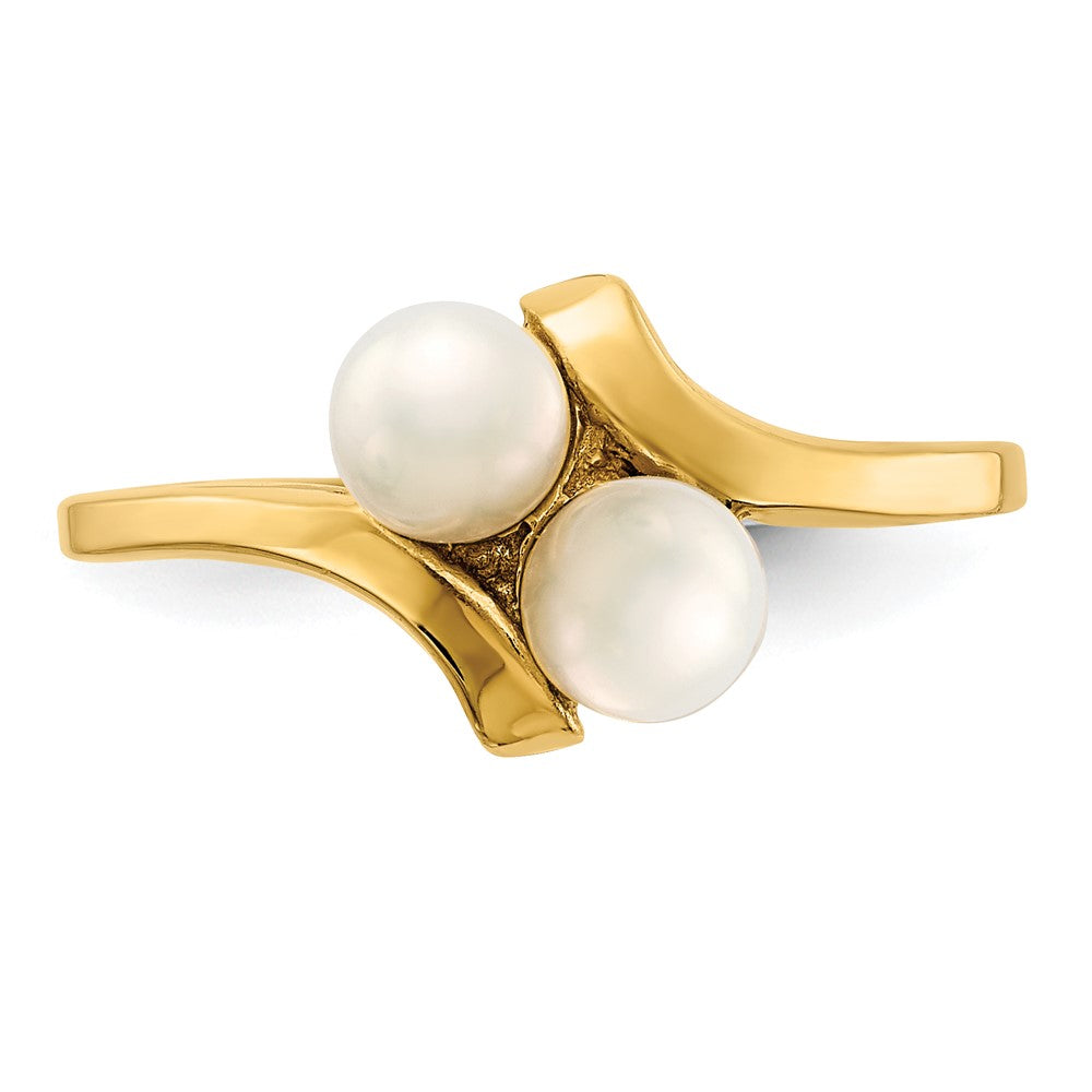14K Yellow Gold 4-5mm White Button Freshwater Cultured 2 Pearl Ring