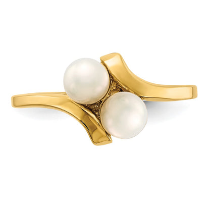 14K Yellow Gold 4-5mm White Button Freshwater Cultured 2 Pearl Ring