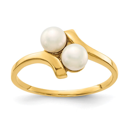 14K Yellow Gold 4-5mm White Button Freshwater Cultured 2 Pearl Ring