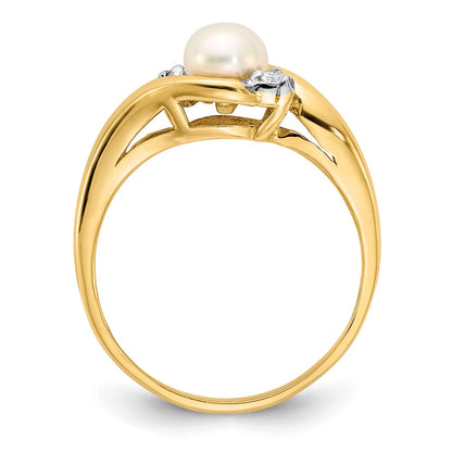 14K Yellow Gold 5-6mm White Button Freshwater Cultured Pearl .04tw Real Diamond Ring
