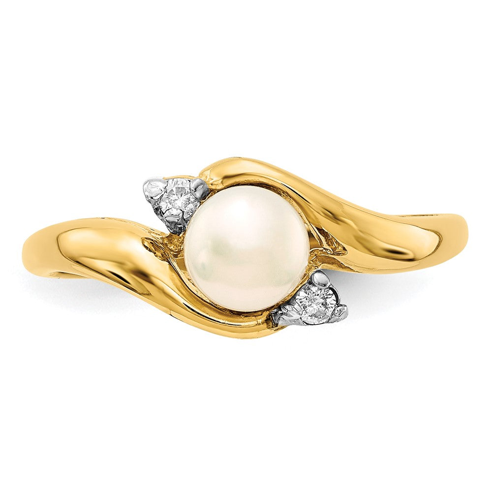 14K Yellow Gold 5-6mm White Button Freshwater Cultured Pearl .04tw Real Diamond Ring