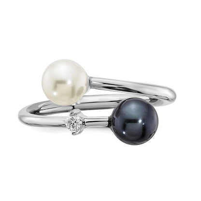 14k White Gold 5-6mm Round Black & White Saltwater Akoya Pearl Dia. Adj. Ring