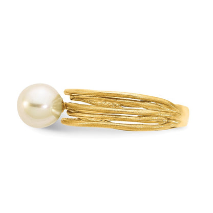 14K Yellow Gold 7-8mm Round White Freshwater Cultured Pearl Brushed Ring