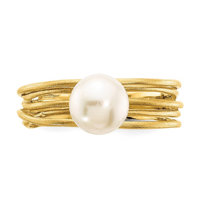 14K Yellow Gold 7-8mm Round White Freshwater Cultured Pearl Brushed Ring