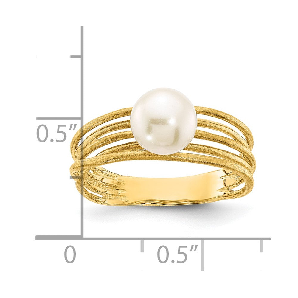 14K Yellow Gold 7-8mm Round White Freshwater Cultured Pearl Brushed Ring