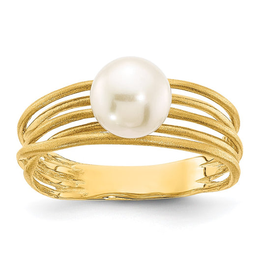 14K Yellow Gold 7-8mm Round White Freshwater Cultured Pearl Brushed Ring