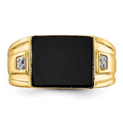 10K Yellow Gold Men's Real Diamond and Black Onyx Signet Ring