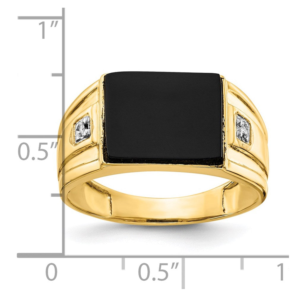 Solid 14K Yellow Gold Men's Real Diamond and Black Onyx Signet Ring
