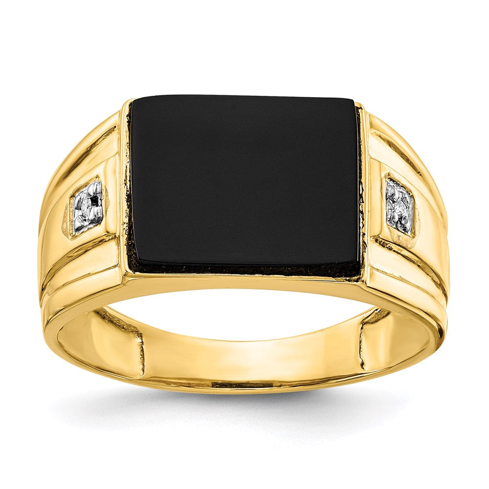 10K Yellow Gold Men's Real Diamond and Black Onyx Signet Ring