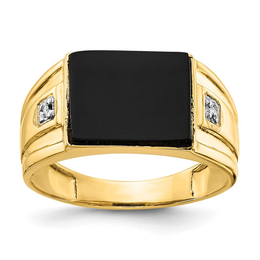 14K Yellow Gold Men's Real Diamond and Black Onyx Signet Ring
