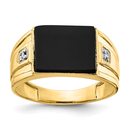 10K Yellow Gold Men's Real Diamond and Black Onyx Signet Ring