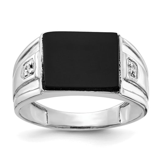 14K White Gold Men's Real Diamond and Black Onyx Signet Ring