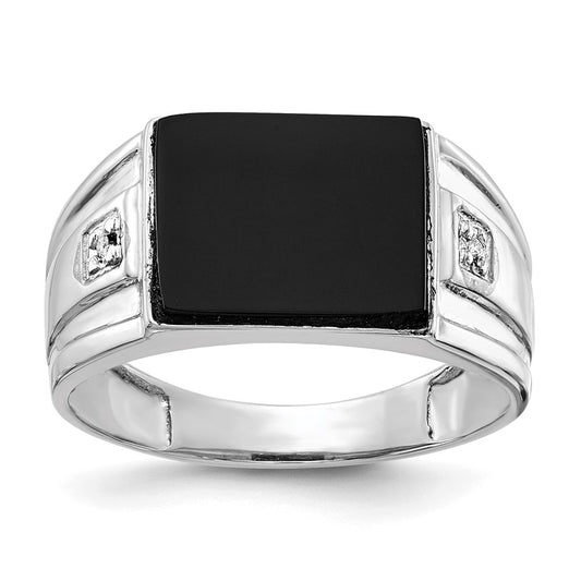 14K White Gold Men's Real Diamond and Black Onyx Signet Ring