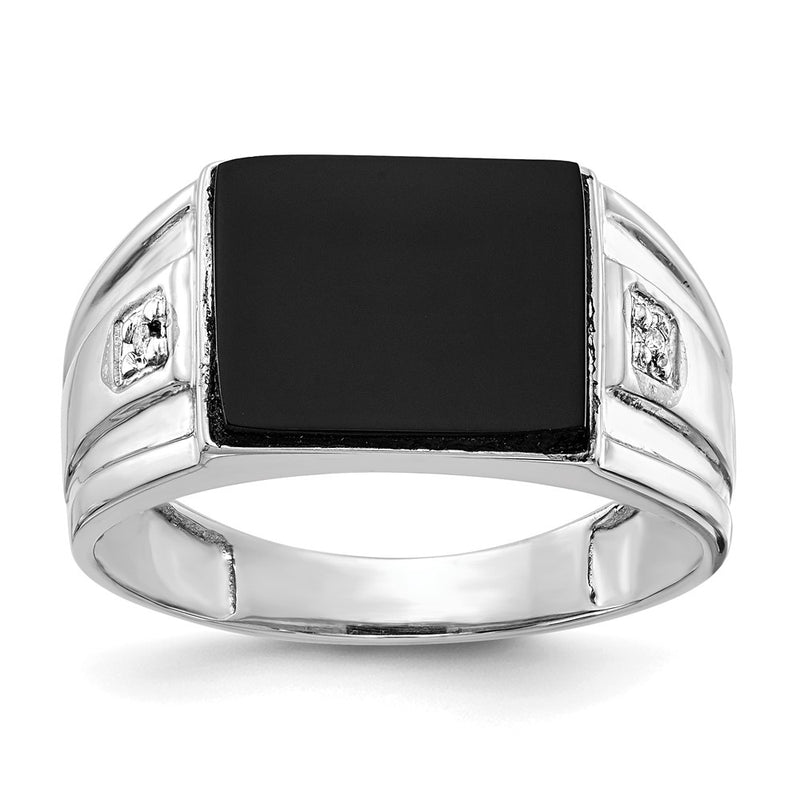 Solid 14k White Gold  Real Diamond Men's Onyx Ring