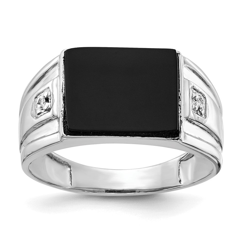 Solid 14k White Gold AAA Real Diamond and Onyx Men's Ring