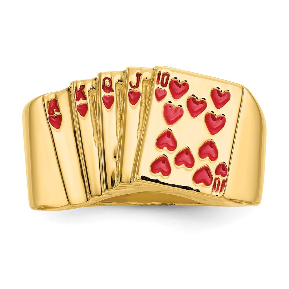 14K Yellow Gold Enameled Royal Flush in Hearts Mens Ring