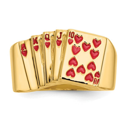 14K Yellow Gold Enameled Royal Flush in Hearts Mens Ring