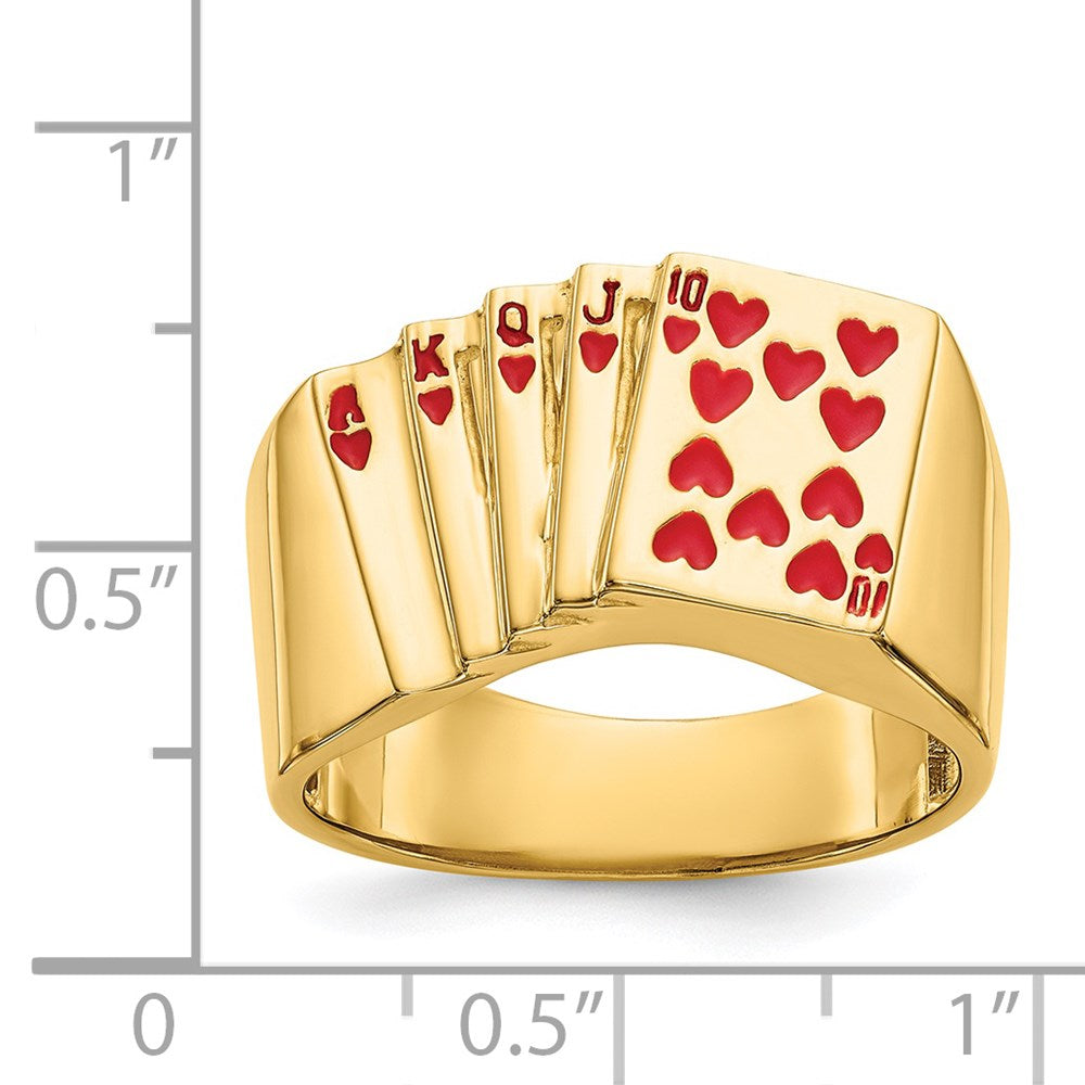 14K Yellow Gold Enameled Royal Flush in Hearts Mens Ring