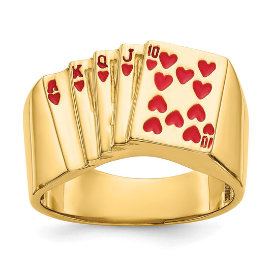 14K Yellow Gold Enameled Royal Flush in Hearts Mens Ring