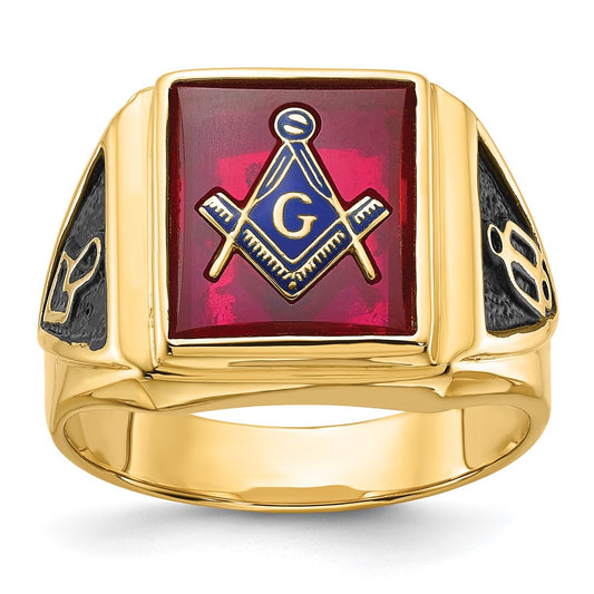 Solid 14k Yellow Gold Men's Synthetic Simulated Ruby Masonic Ring