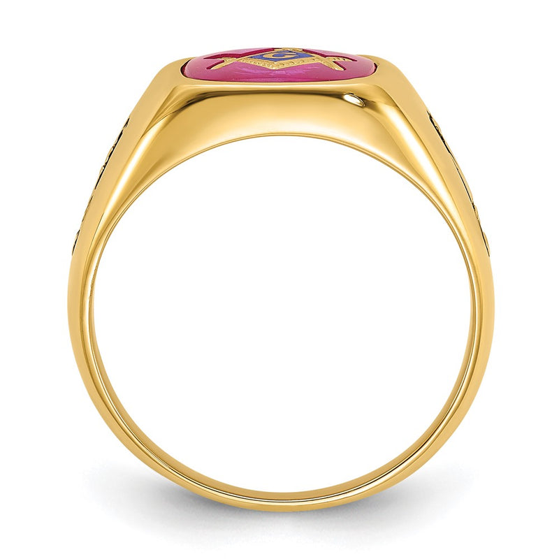 Solid 14k Yellow Gold Men's Synthetic Simulated Ruby Masonic Ring