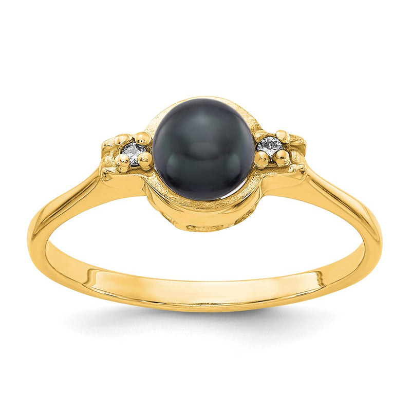 14K Yellow Gold 5mm Black FW Cultured Pearl AAA Real Diamond ring