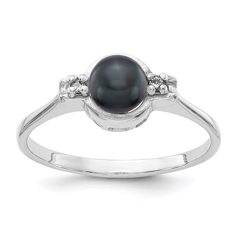 14k White Gold 5mm Black FW Cultured Pearl AA Real Diamond ring