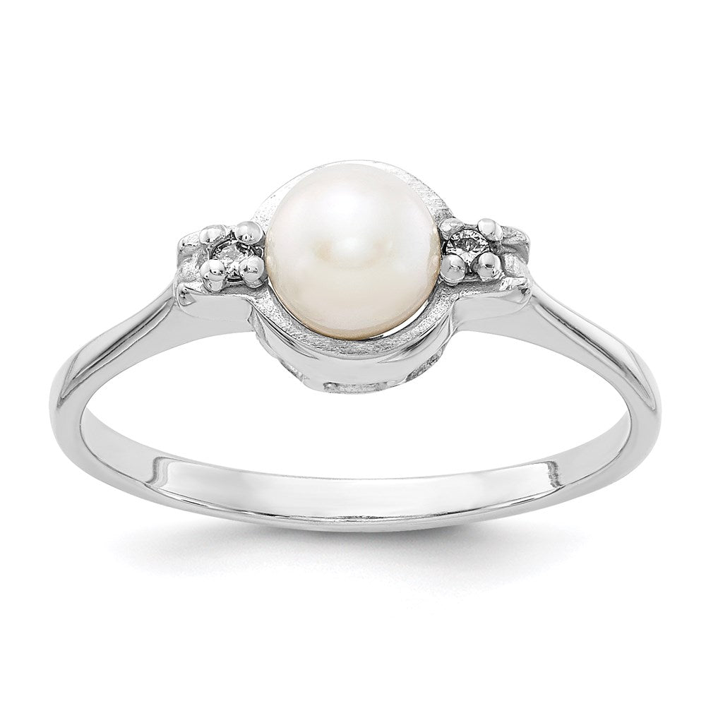 14k White Gold 5mm FW Cultured Pearl AA Real Diamond ring