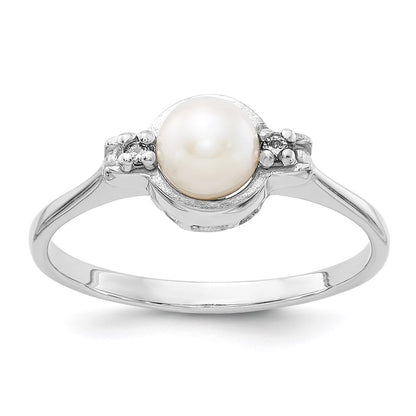 14k White Gold 5mm FW Cultured Pearl AA Real Diamond ring
