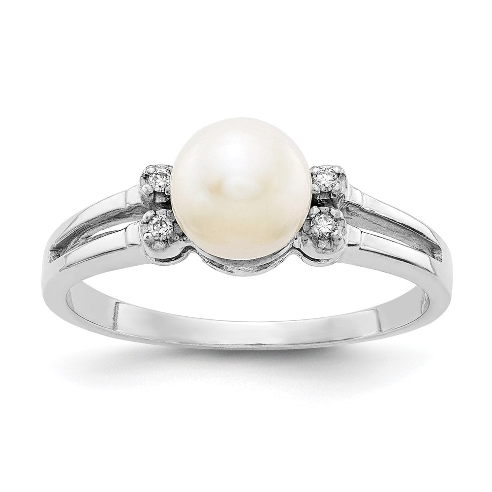 14k White Gold 6mm FW Cultured Pearl VS Real Diamond ring