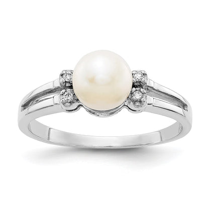 14k White Gold 6mm FW Cultured Pearl VS Real Diamond ring