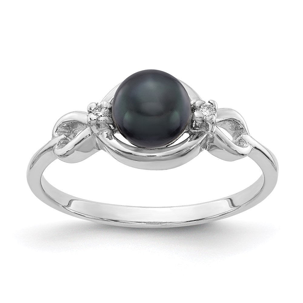 14k White Gold 5.5mm Black FW Cultured Pearl AA Real Diamond ring
