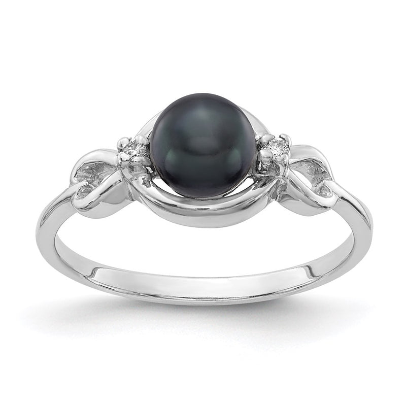 14k White Gold 5.5mm Black FW Cultured Pearl VS Real Diamond ring