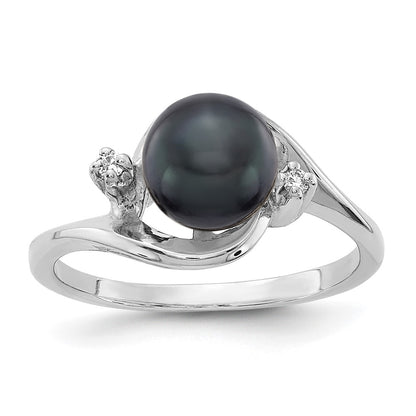 14k White Gold 7mm Black FW Cultured Pearl AA Real Diamond ring