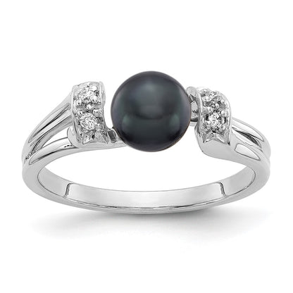 14k White Gold 6mm Black FW Cultured Pearl VS Real Diamond ring