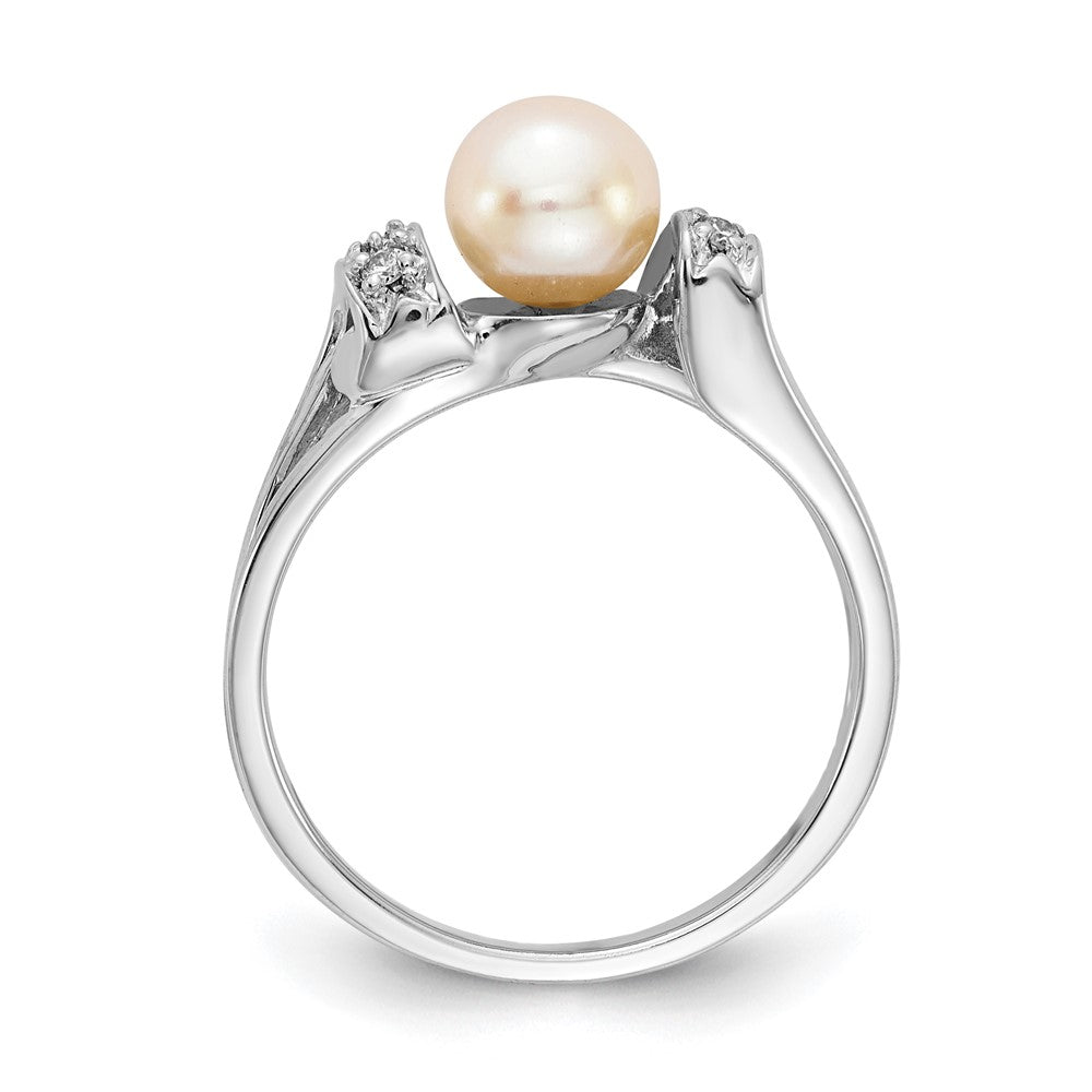 14k White Gold 6mm FW Cultured Pearl AA Real Diamond Ring